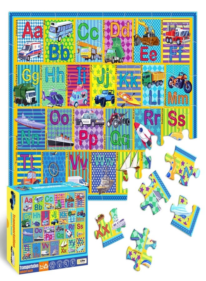 LithoConcepts Floor Puzzle for Kids,48 Piece Transportation Letter A-Z Alphabet Puzzle,Vivid of Cartoon Design Letter Games for Preschoolers,Learn ABCs with Fun- Interactive Educational Toy for Ages 3+ - Image 1